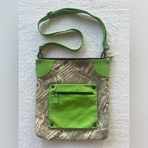 Maurizio Taiuti ITALY Cross Body Bag Purse Leather Newspaper Print w/ Green Trim